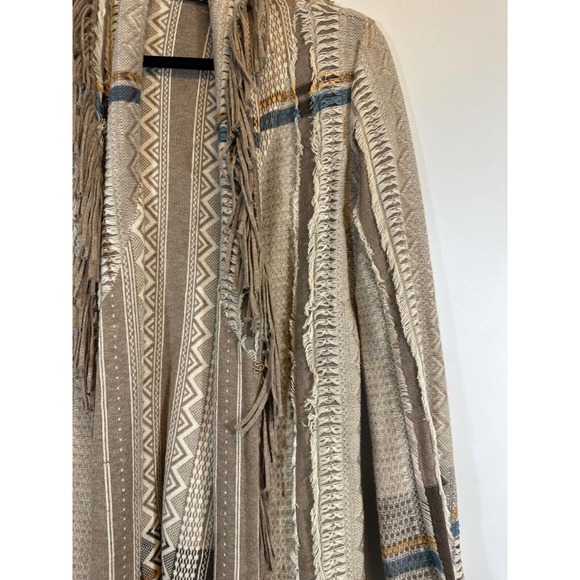 Nic + Zoe Open Front Drape Cardigan Fringe Print Brown size S Womens Aztec D28 - Picture 2 of 6